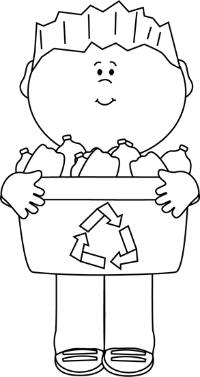 A smiling child holds a recycling bin filled with plastic bottles, featuring the universal recycling symbol.
