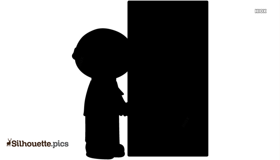 Silhouette of a child peeking around a tall black rectangle, suggesting curiosity or hiding.