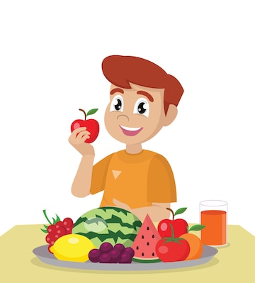 Vector Illustration Of Little Girl Eating Fruits At The Table - Clip ...