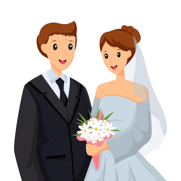 Cartoon illustration of a smiling bride in a light blue gown holding white flowers and a groom in a black suit, standing together on their wedding day.