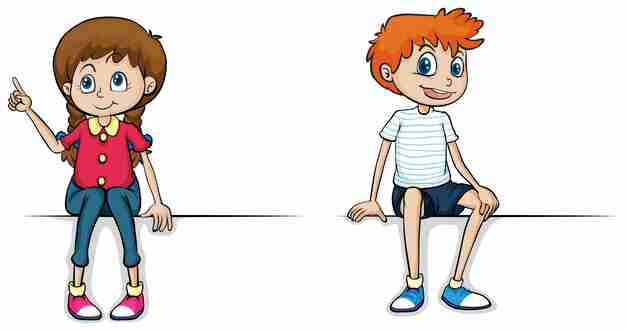 Cartoon girl pointing up and boy sitting side by side on a white background, smiling.