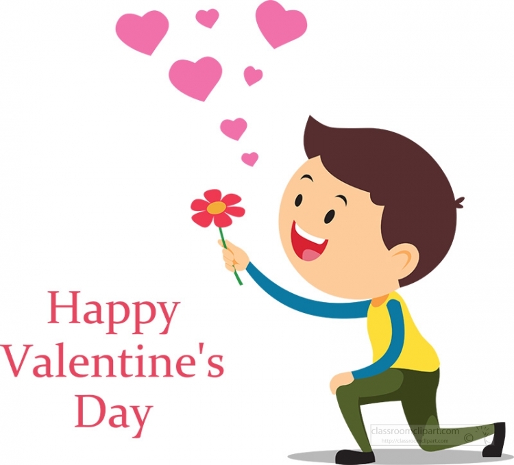 Smiling boy kneeling, offering a red flower with pink hearts floating above; "Happy Valentine's Day" text beside him.