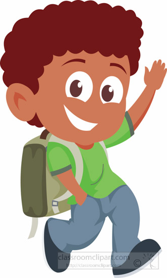 Smiling boy with curly hair, green shirt, backpack, waving while walking to school.