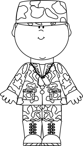 Black-and-white line drawing of a smiling child in full camouflage military uniform with cap, boots, and dog tags.