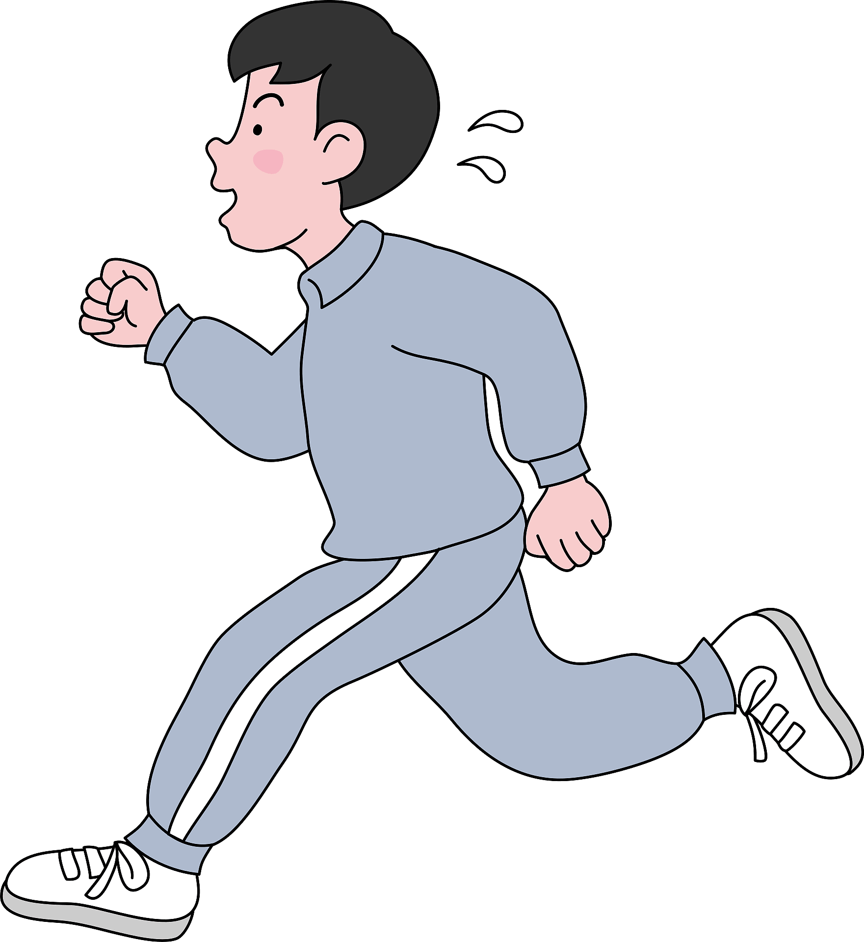 Cartoon man jogging in gray tracksuit with white sneakers, sweating slightly, mid-stride against teal background.