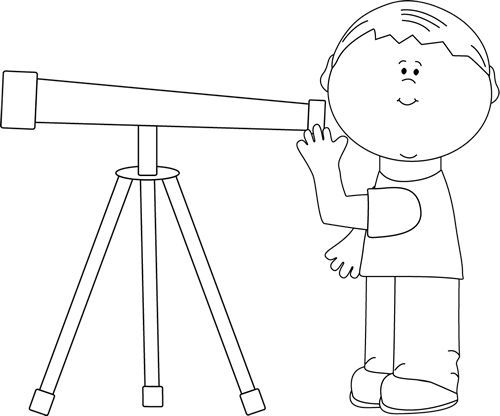 A cartoon child looking through a telescope mounted on a tripod, smiling with curiosity.