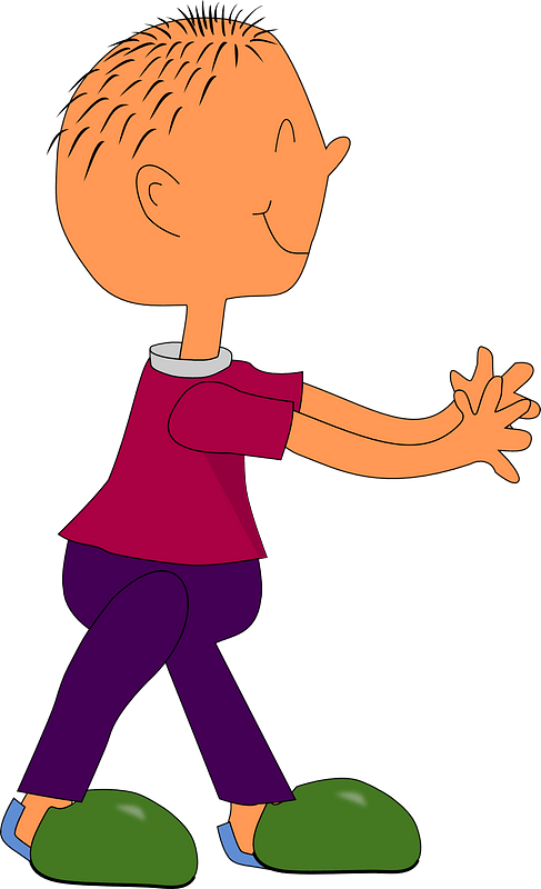 Cartoon boy with orange hair, maroon shirt, purple pants, and green shoes walking cheerfully with arms outstretched.