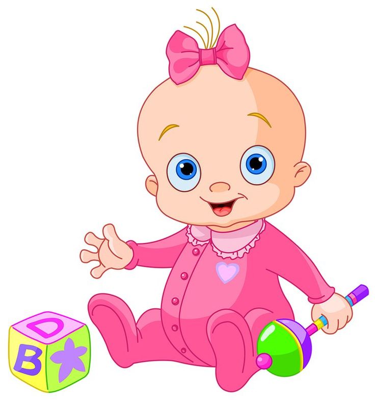 Smiling baby girl in pink onesie with bow, holding rattle and playing with alphabet block.
