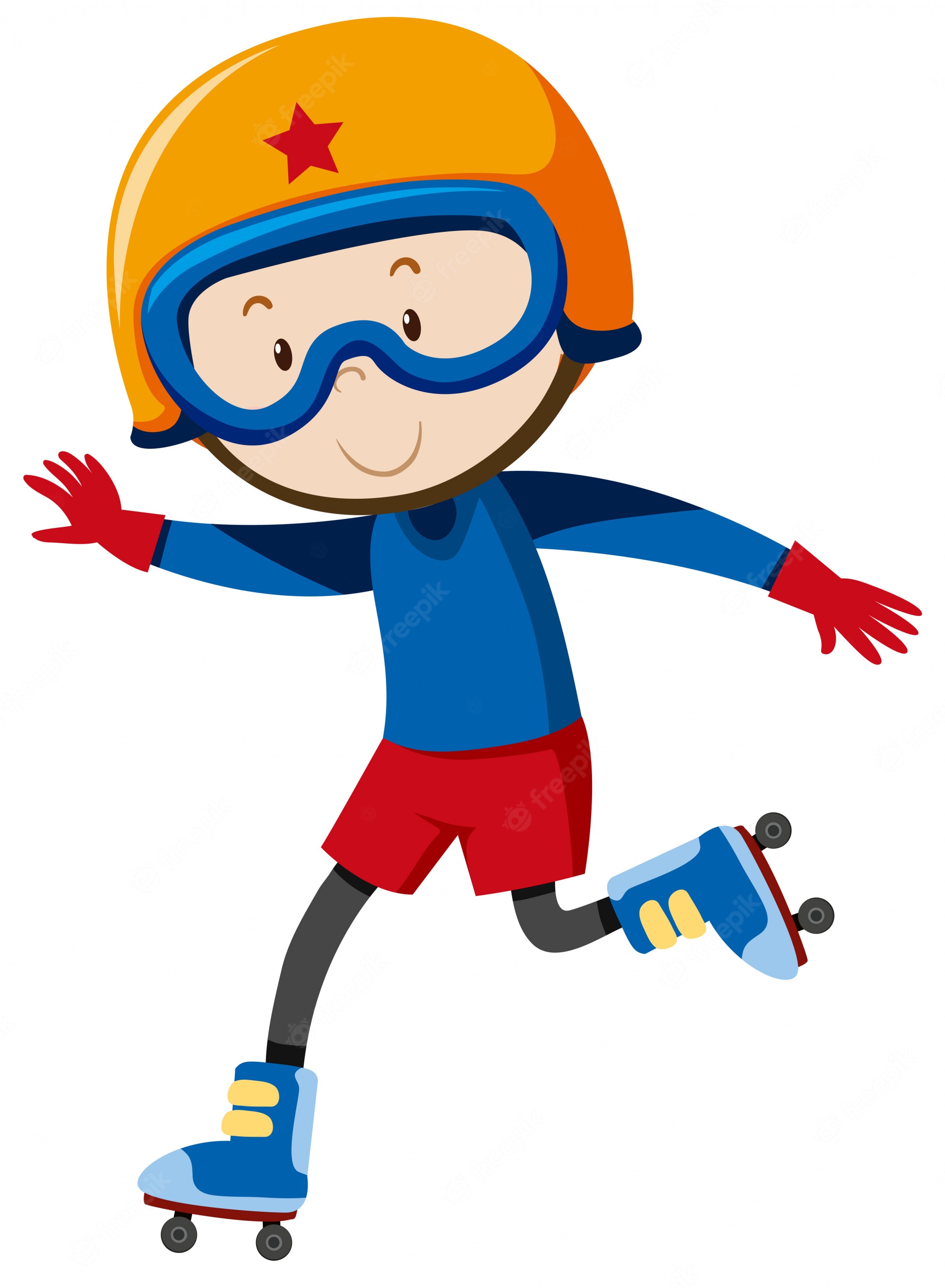 Happy cartoon boy wearing orange helmet, goggles, and roller skates, arms outstretched in motion.