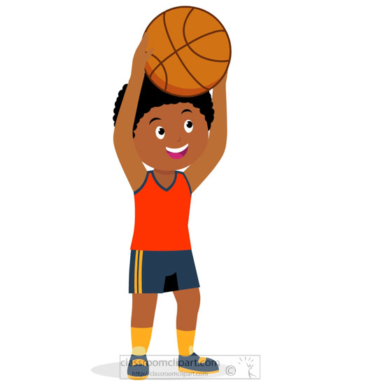 Smiling young Black boy in orange jersey holding basketball above his head, ready to shoot.