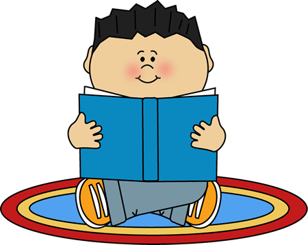 A smiling cartoon boy sits cross-legged on a colorful rug, reading a blue book with both hands.