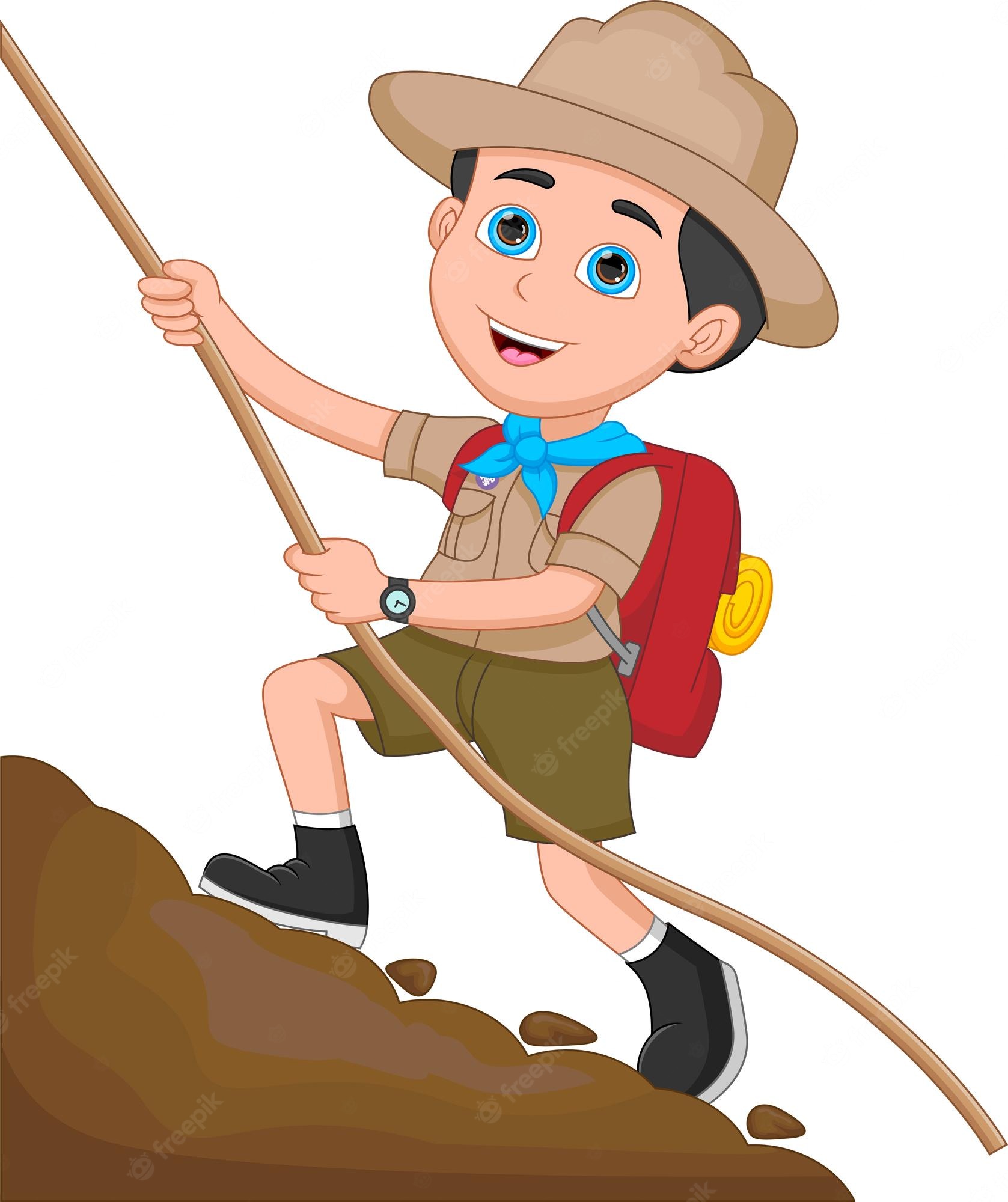 Cartoon scout boy climbing a muddy hill with a walking stick and backpack, smiling confidently.