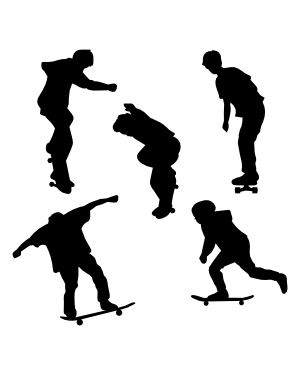 Five black silhouettes of skateboarders performing dynamic tricks on white background.