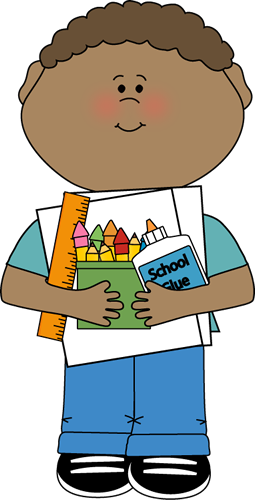 A smiling child holding school supplies including glue, crayons, ruler, and papers.