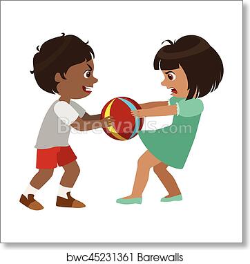 Two diverse children pulling a colorful ball in opposite directions, expressing playful competition.