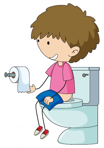 A smiling cartoon boy with brown hair sits on a toilet, holding toilet paper and wearing a pink shirt and blue shorts.