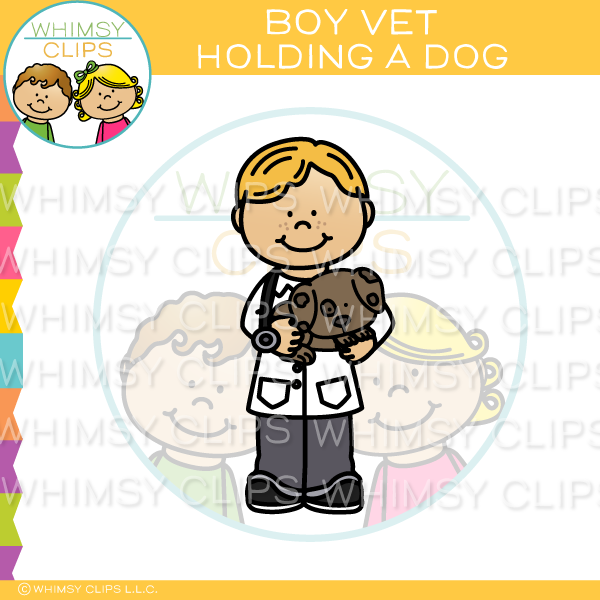 Boy vet in white coat holding a brown dog, smiling, with cartoon children in background.