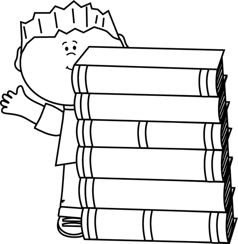 A cartoon child struggling to carry a tall stack of six books, arms outstretched for balance.