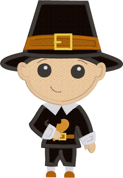 Charming cartoon pilgrim boy in traditional black outfit with tall hat and buckle, holding a drumstick.