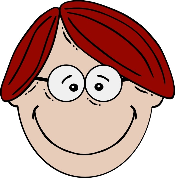 Cartoon face with red hair, round glasses, and a cheerful smile.