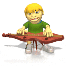 Animated boy with blond hair playing a red lap steel guitar on a stool.