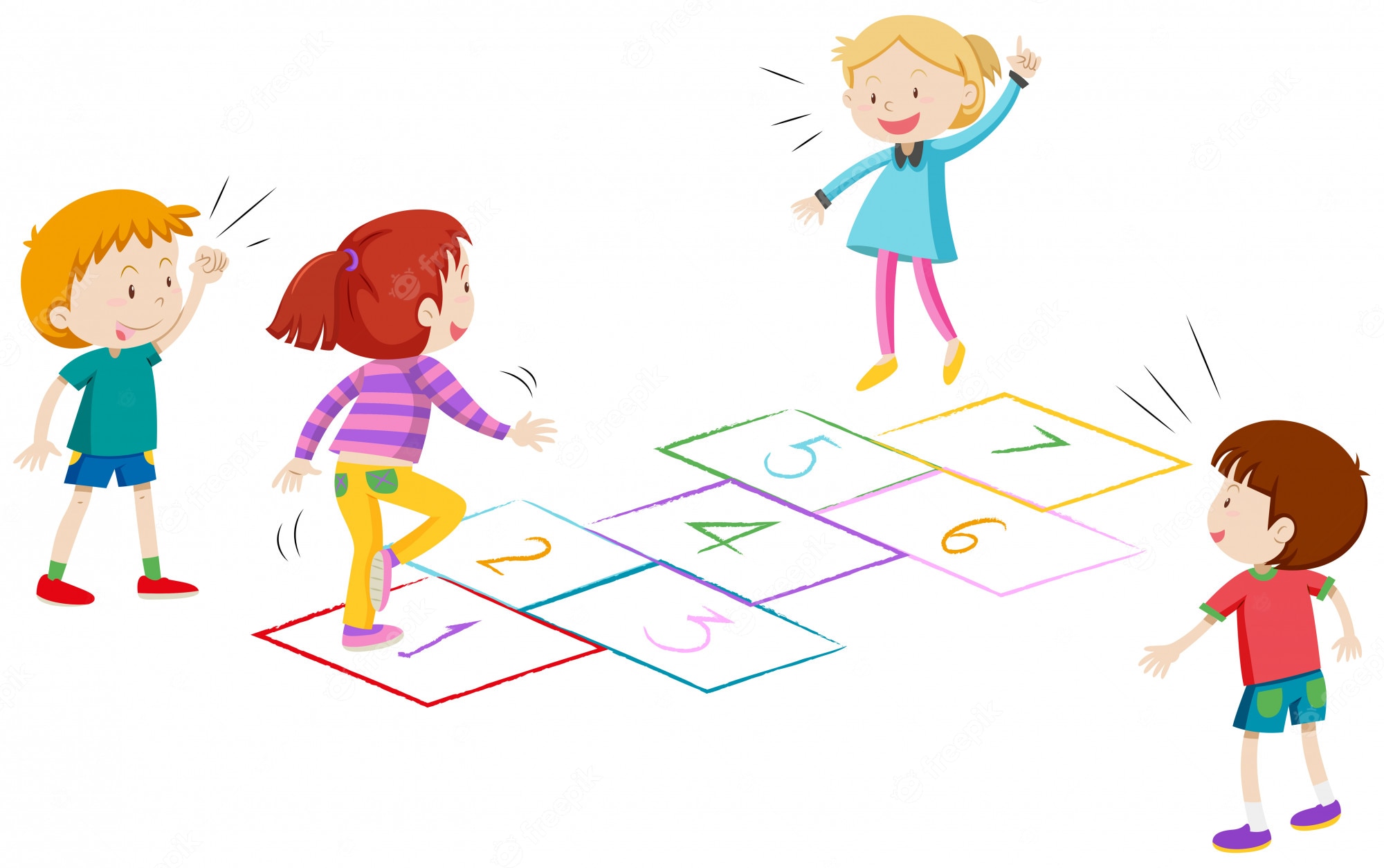 Four happy children playing hopscotch on a colorful numbered grid outdoors.