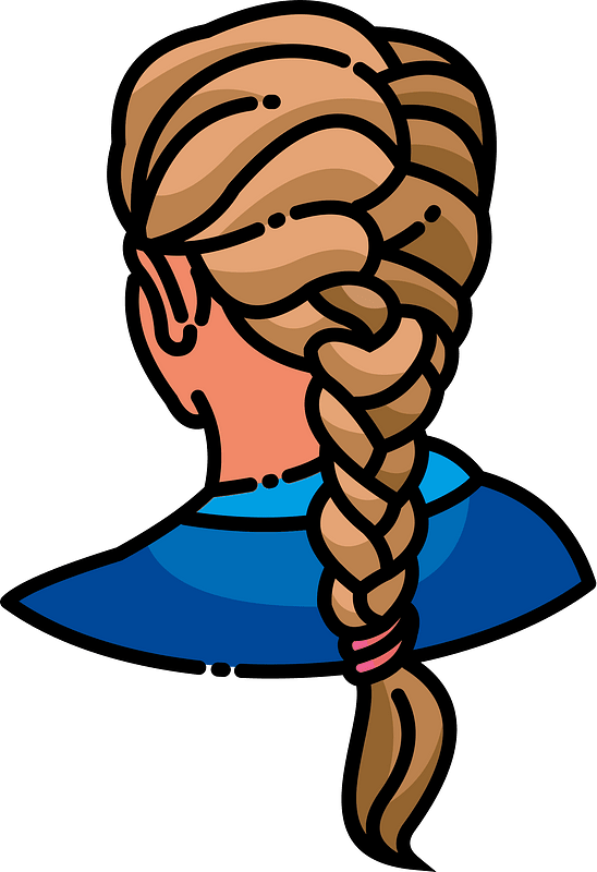 Cartoon illustration of a person with long blonde hair in a side braid, wearing a blue top, viewed from behind.