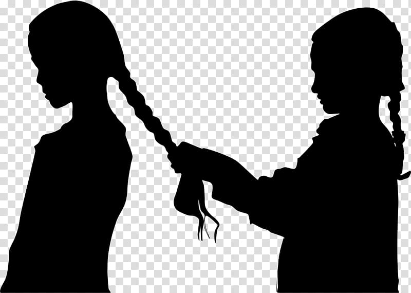 Silhouette of one girl braiding another’s hair, showing care and connection.