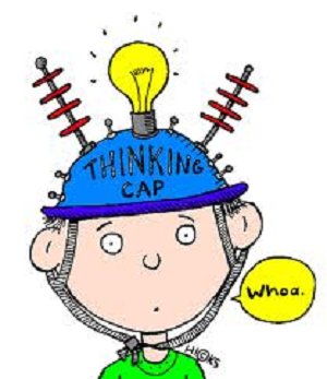 Cartoon boy wearing a blue "Thinking Cap" with lightbulb and springs, saying "Whoa."