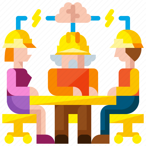 Three diverse workers in hard hats collaborating at a table with lightning bolts and a thought cloud above, symbolizing teamwork and innovation.