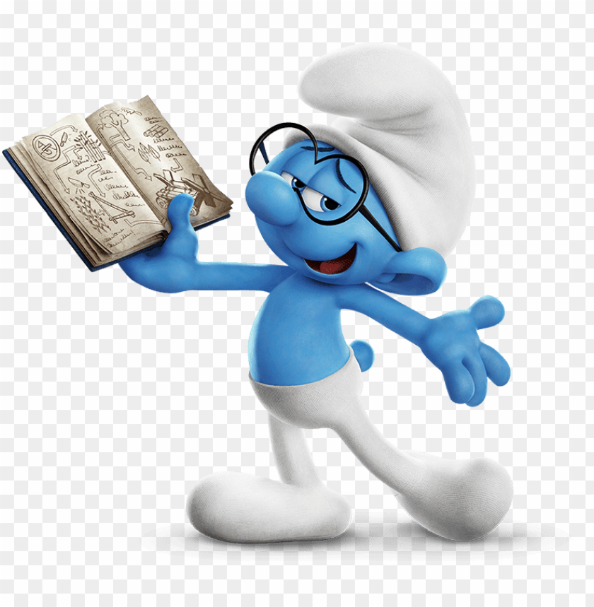 Brainy Smurf holding an open sketchbook with diagrams, wearing glasses and a white hat, smiling confidently.