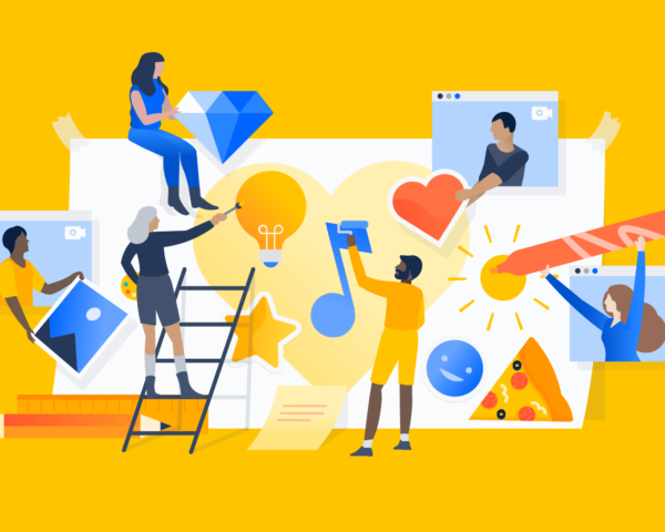 Diverse team collaborates on creative project with icons for ideas, music, love, pizza, and digital tools against yellow background.