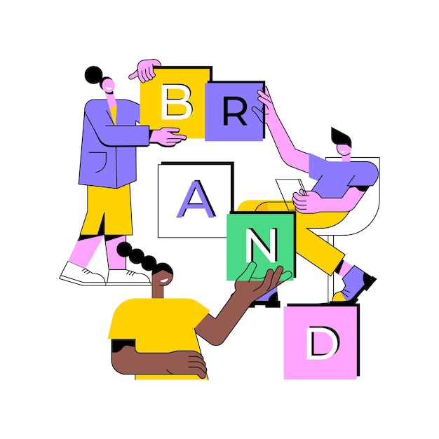 Three diverse people collaboratively assembling colorful blocks spelling "BRAND" in a modern illustration style.
