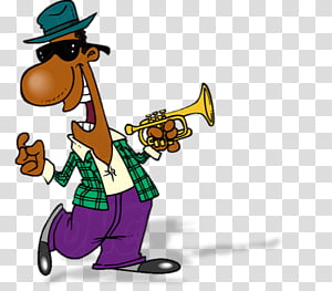 Cartoon jazz musician in fedora and sunglasses playing trumpet with joyful expression.