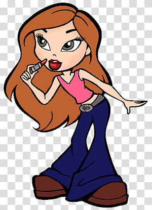 Cartoon girl with long auburn hair applying red lipstick, wearing pink top and flared blue jeans.