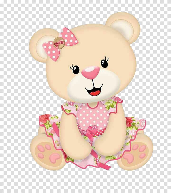 Cute cartoon baby girl teddy bear wearing pink polka-dot dress and bow, sitting with floral trim and smiling face.