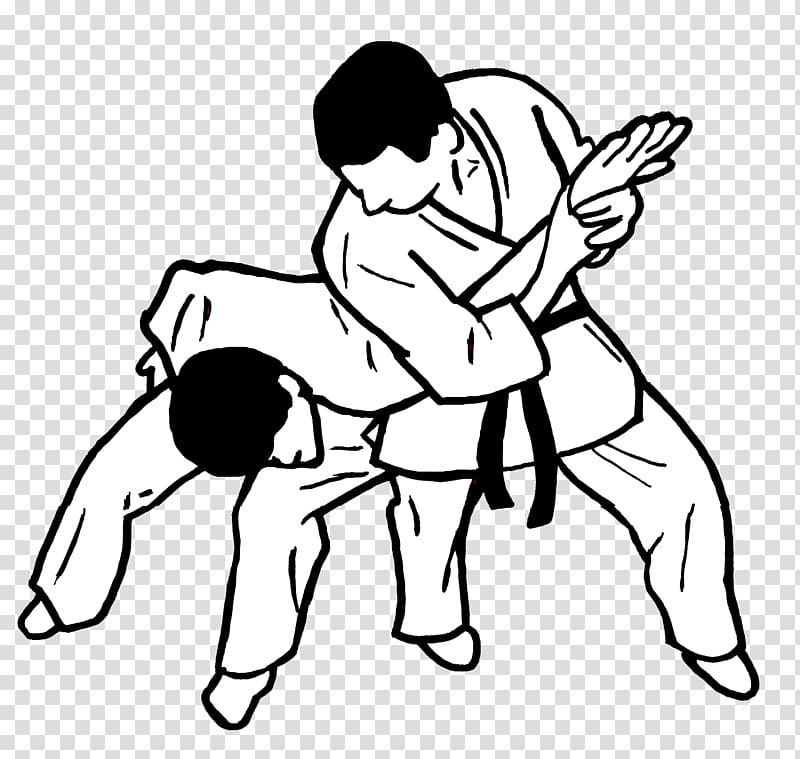 Two martial artists in white gi performing a judo throw, one executing a hip technique on the other.