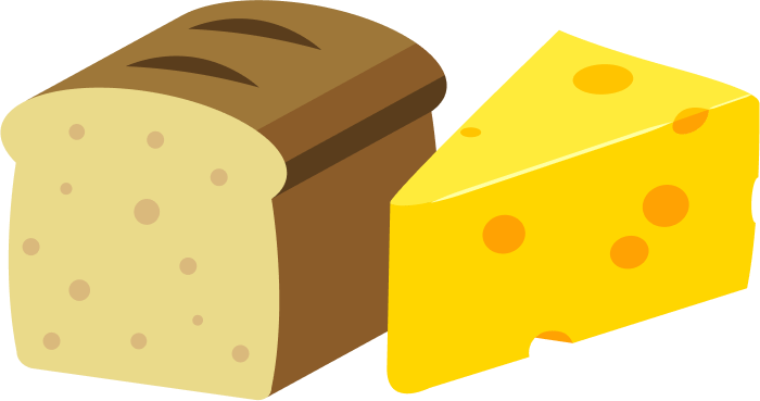 A loaf of sliced bread next to a wedge of yellow Swiss cheese with holes, illustrated in flat cartoon style.