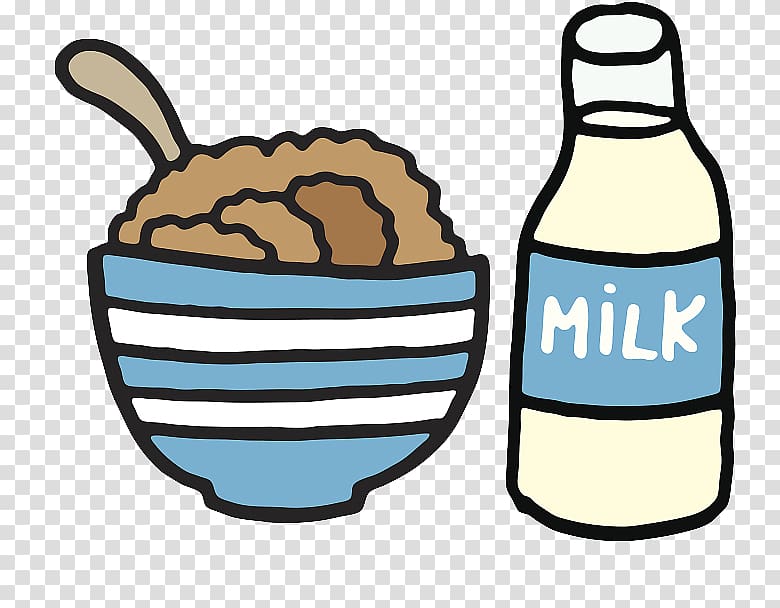 A cartoon-style bowl of cereal with a spoon next to a milk bottle labeled "MILK".