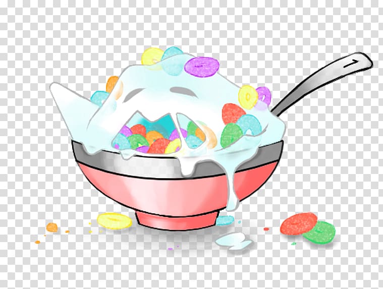 A whimsical cartoon bowl of colorful cereal with milk overflowing and scattered pieces around it.
