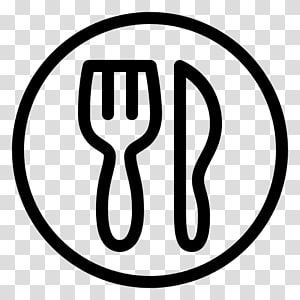 Black line icon of a fork and knife inside a circle, symbolizing dining or food service.