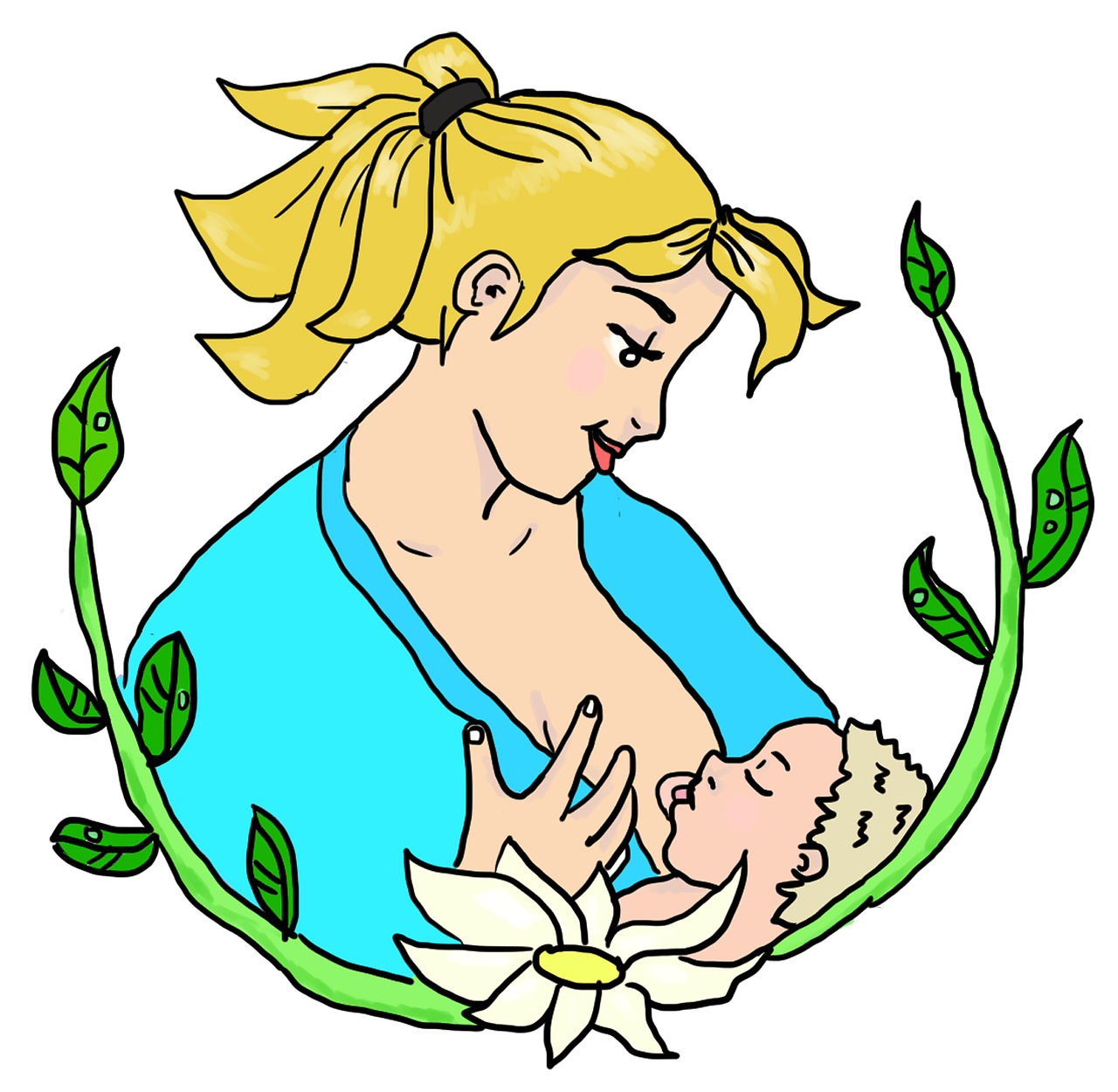 A blonde woman breastfeeding a baby, surrounded by green vines and a white flower, symbolizing nurturing and nature.