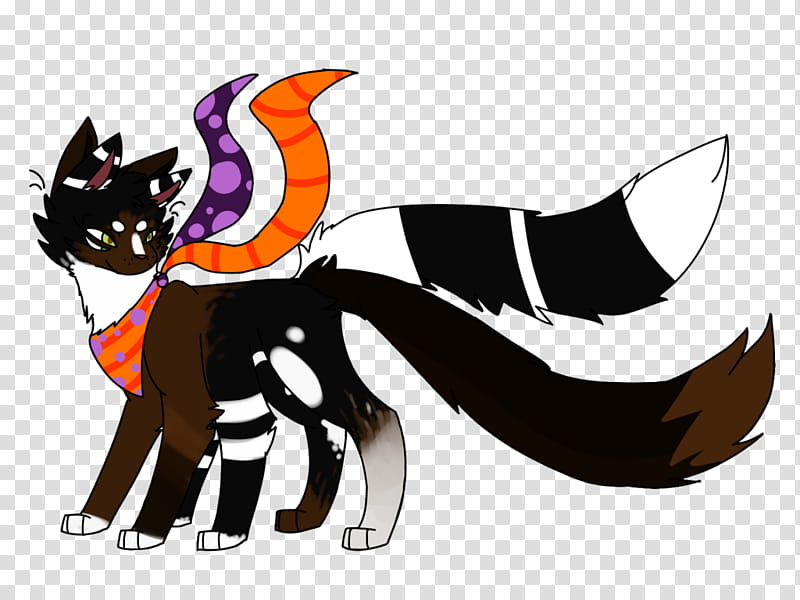 A stylized anthropomorphic cat with black, brown, and white fur, wearing a polka-dot scarf and two colorful striped tails (orange and purple).