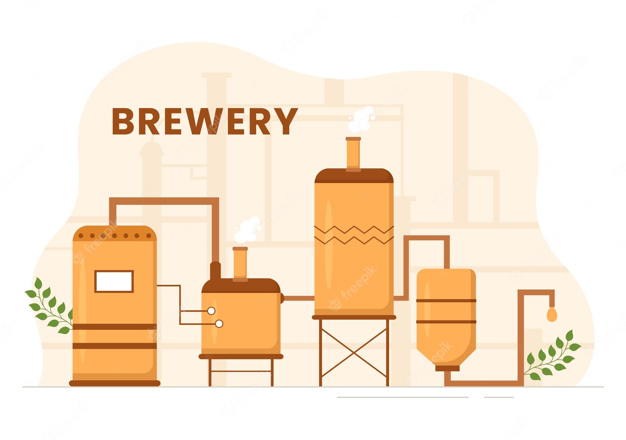 Flat illustration of a brewery with fermentation tanks, pipes, and steam, labeled "BREWERY".