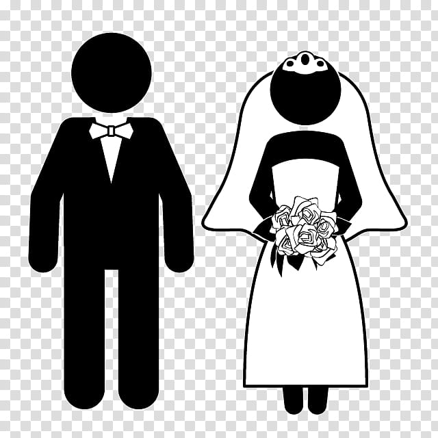 Black-and-white silhouette icons of a groom in a tuxedo and a bride in a veil holding a bouquet.