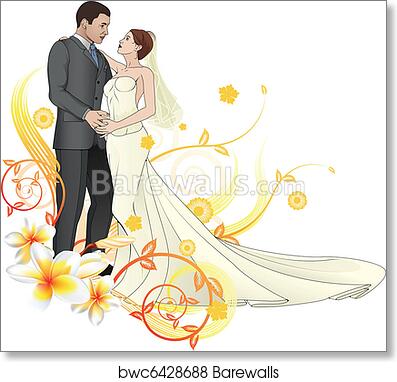 Illustration of a bride and groom embracing, surrounded by floral swirls and plumeria blossoms in warm yellow and orange tones.