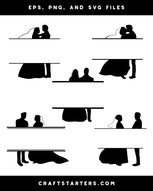 Black silhouette illustrations of couples in romantic poses behind tables, ideal for wedding or event design.