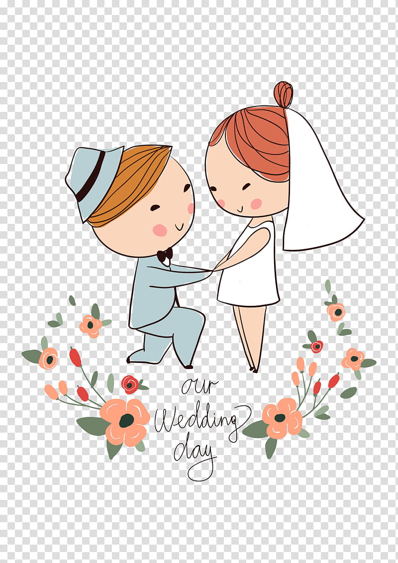 Cute cartoon couple on wedding day-groom kneeling, bride smiling, surrounded by flowers and "our Wedding day" text.