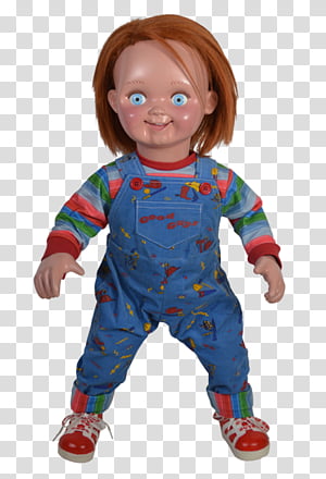 Chucky doll from Child's Play franchise, wearing striped shirt, blue overalls with paint splatters, and red sneakers.