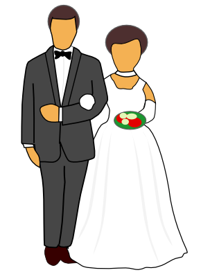 Illustrated bride and groom in formal wedding attire, holding hands and a floral bouquet.